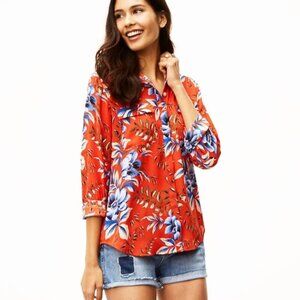 Ann Taylor LOFT Long Sleeve Floral Blouse Orange Blue flowers hawaiian look